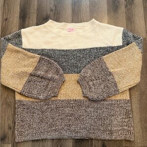 Pink Lily Neutral Color Block Knit Sweater - Striped Balloon Sleeve Pullover L